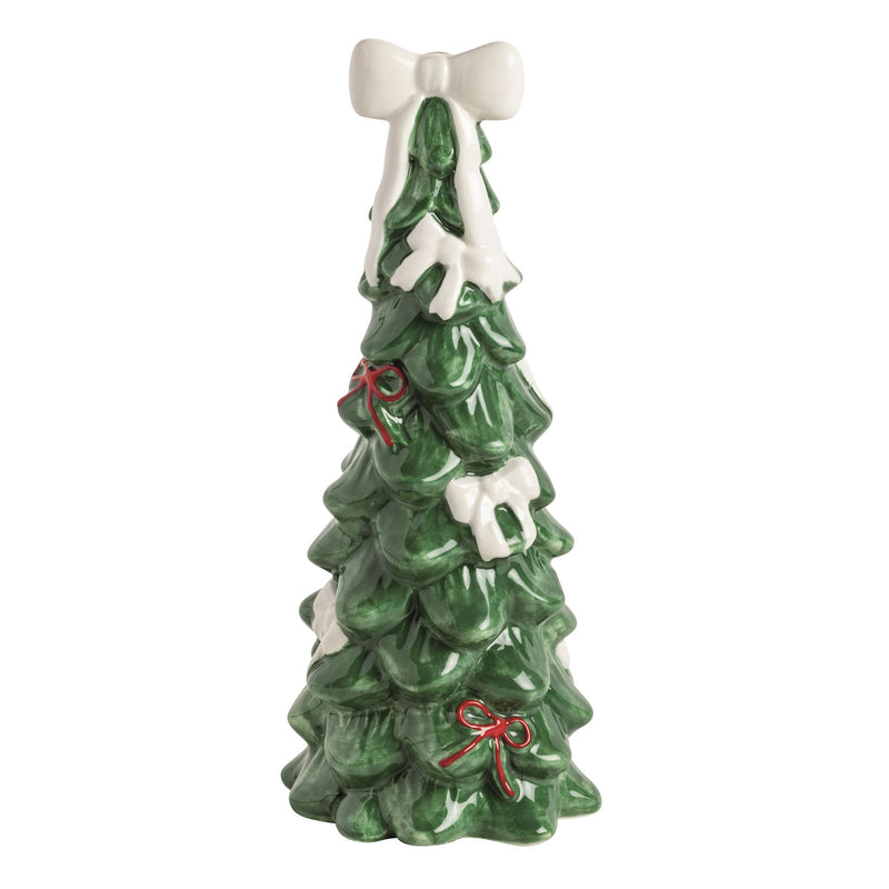Mud Pie medium ceramic Christmas tree sitter with snow-tipped branches and cream bow topper