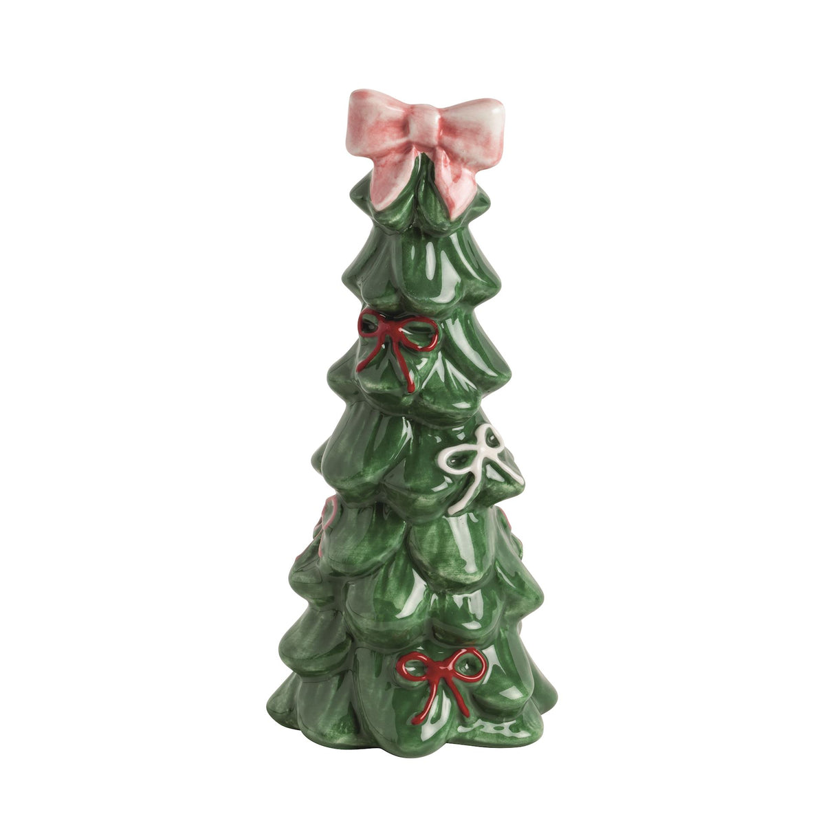 Mud Pie small ceramic Christmas tree sitter with snow-tipped branches and pink bow topper