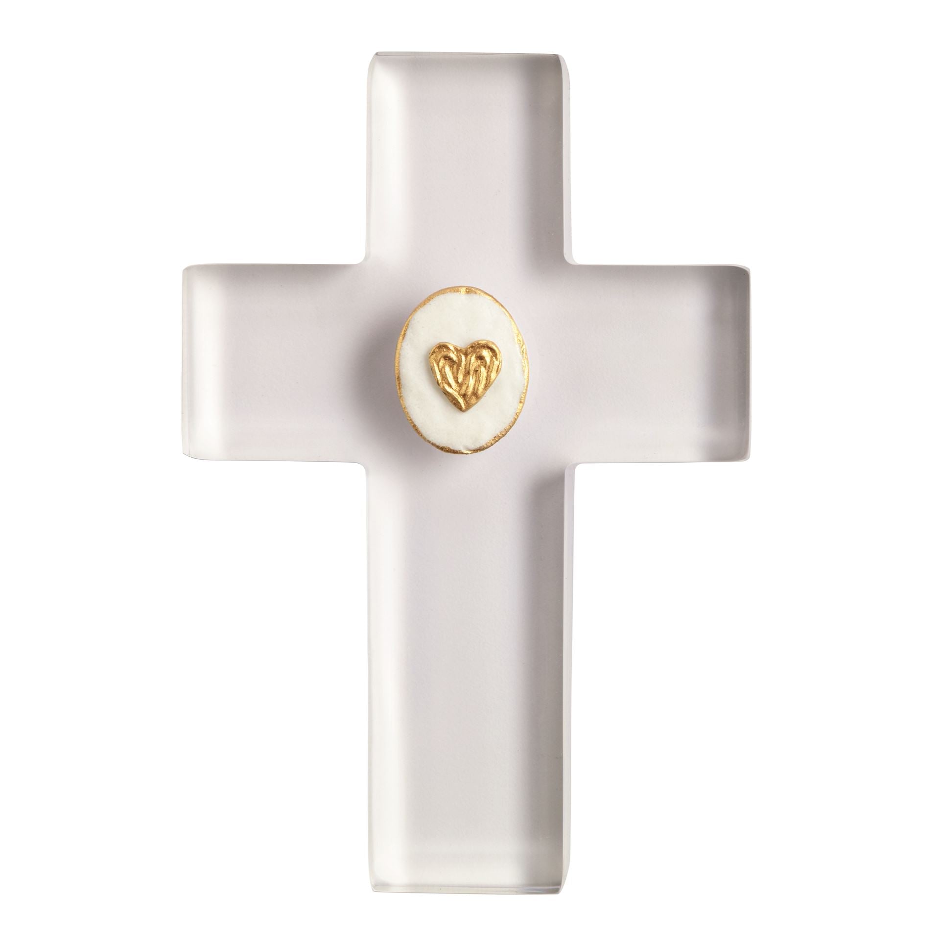 Mud Pie white ceramic cross with gold intaglio heart medallion