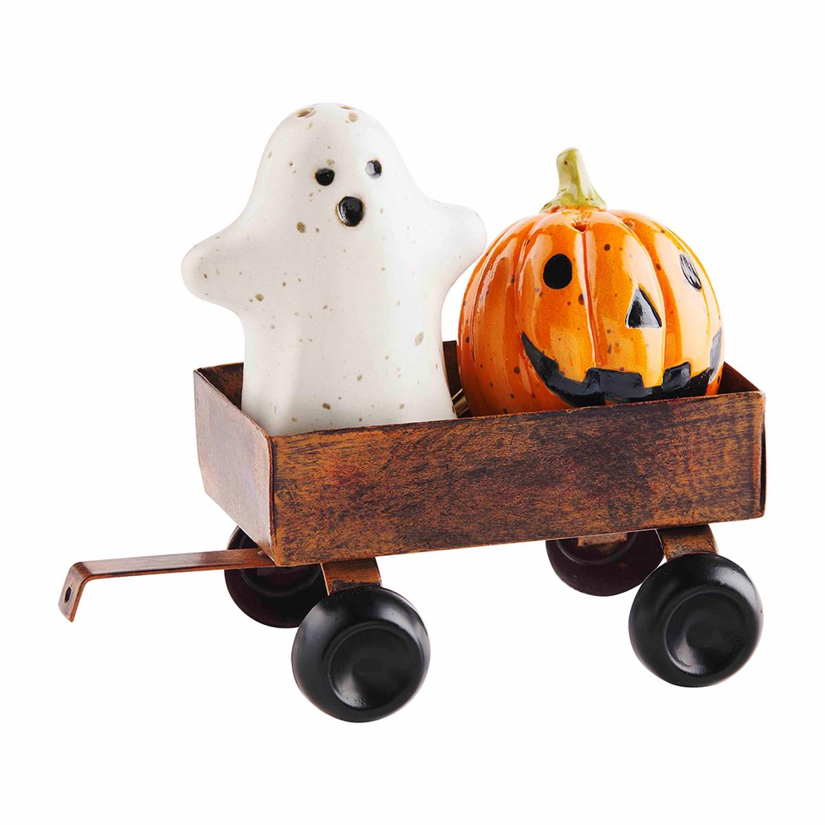Halloween Salt & Pepper Wagon Set – Ghost & Pumpkin Stoneware Shakers