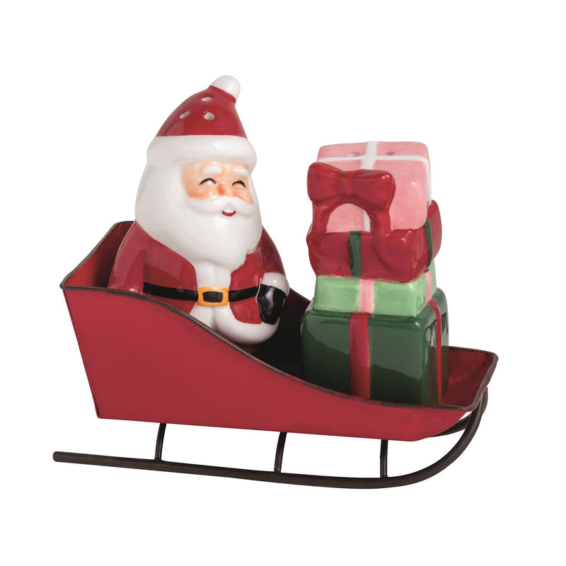Mud Pie Santa and presents ceramic salt and pepper shakers in a red metal sleigh