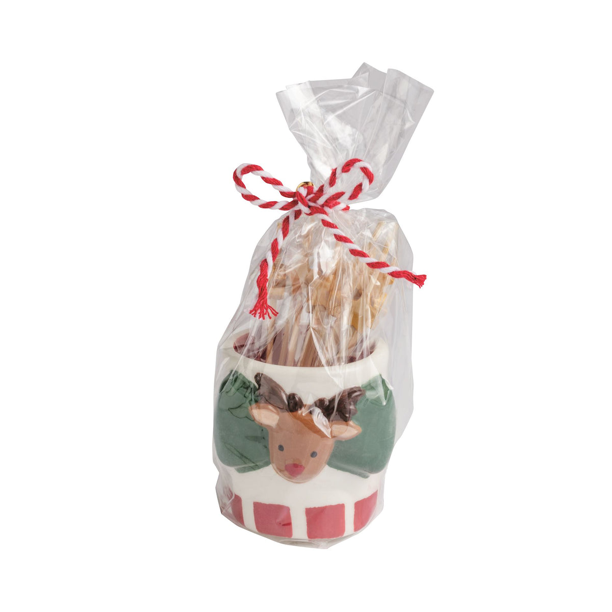 Mud Pie reindeer ceramic toothpick caddy with toothpicks in a tied cello bag