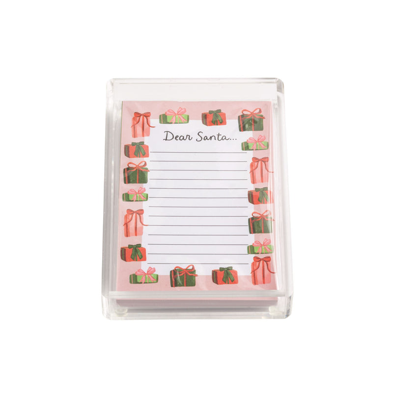 Mud Pie Dear Santa pink notepad with present border in a clear acrylic caddy