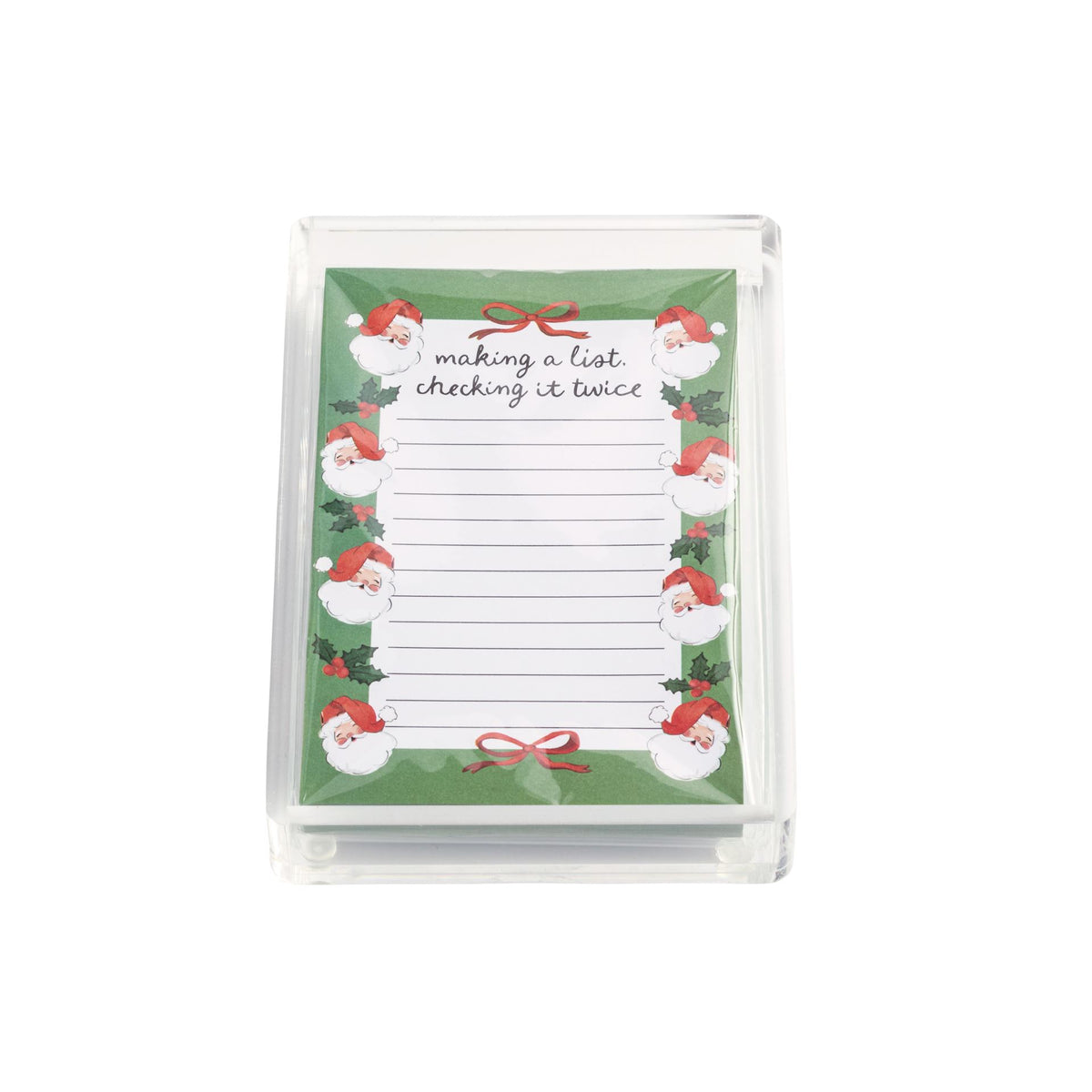 Mud Pie Making A List Christmas notepad with Santa border in a clear acrylic caddy