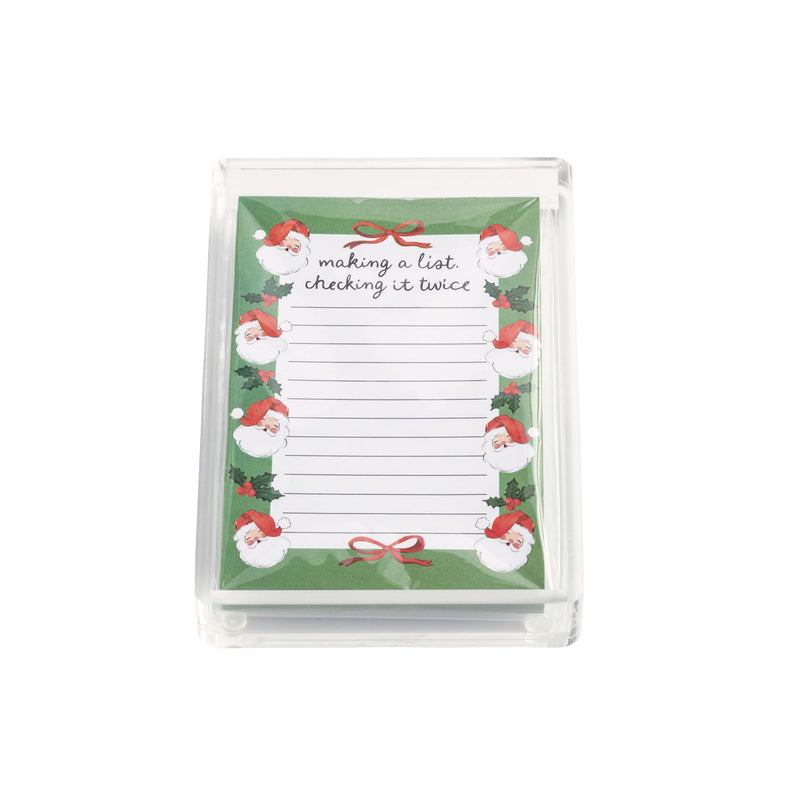 Mud Pie Making A List Christmas notepad with Santa border in a clear acrylic caddy