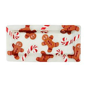 Rectangular tray with gingerbread men and candy cane pattern on a white background