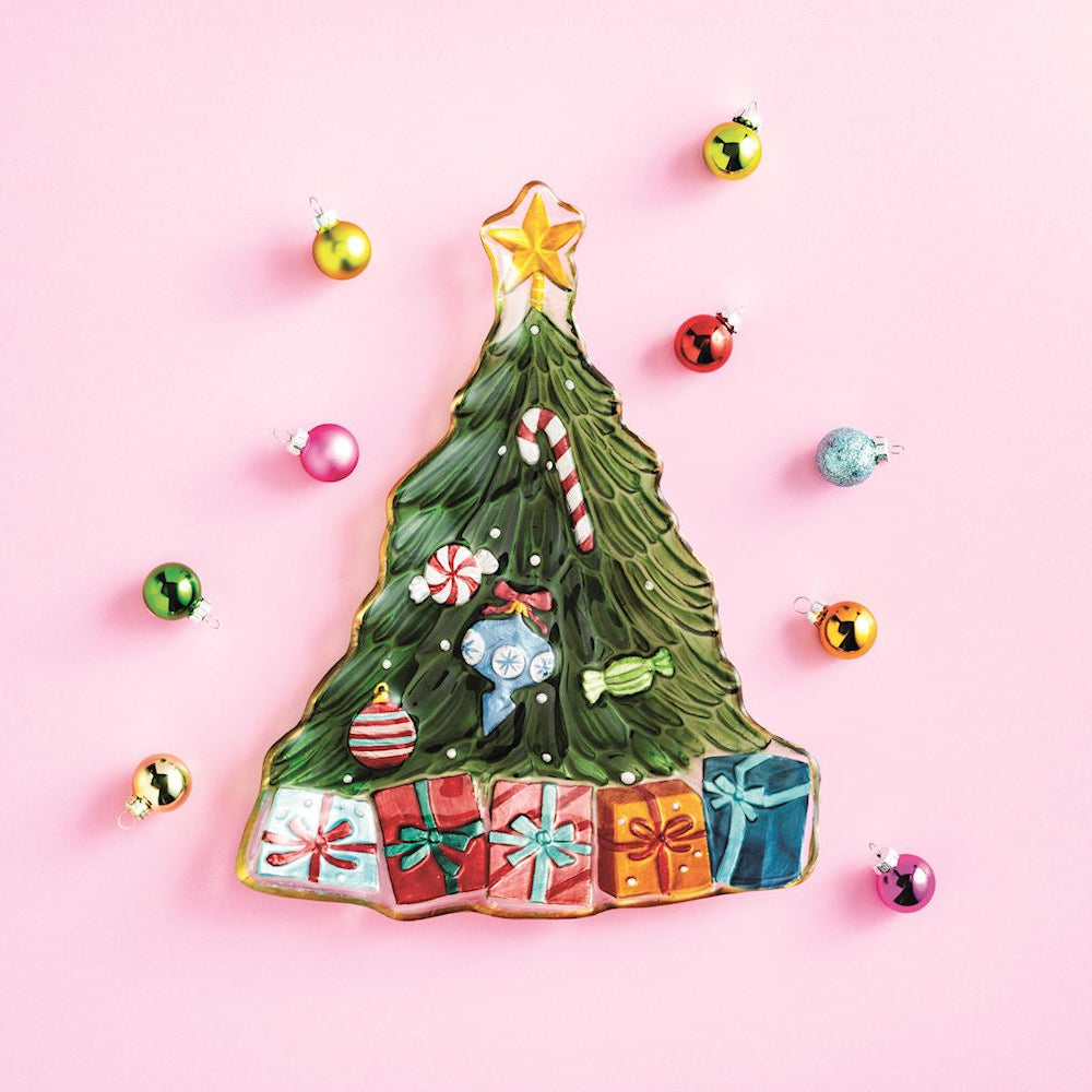 Tree Glass Platter – Hand-Painted Christmas Tree Serving Platter