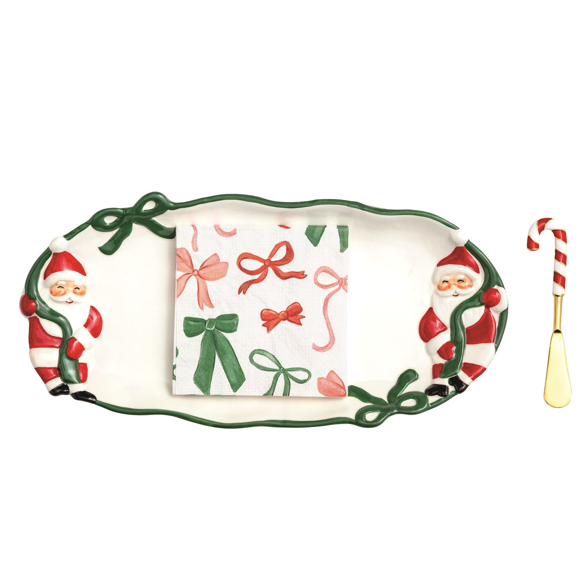 Mud Pie Bow Santa hostess set with ceramic Santa tray, bow napkins and candy cane spreader