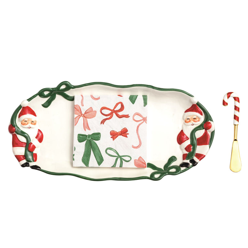 Mud Pie Bow Santa hostess set with ceramic Santa tray, bow napkins and candy cane spreader