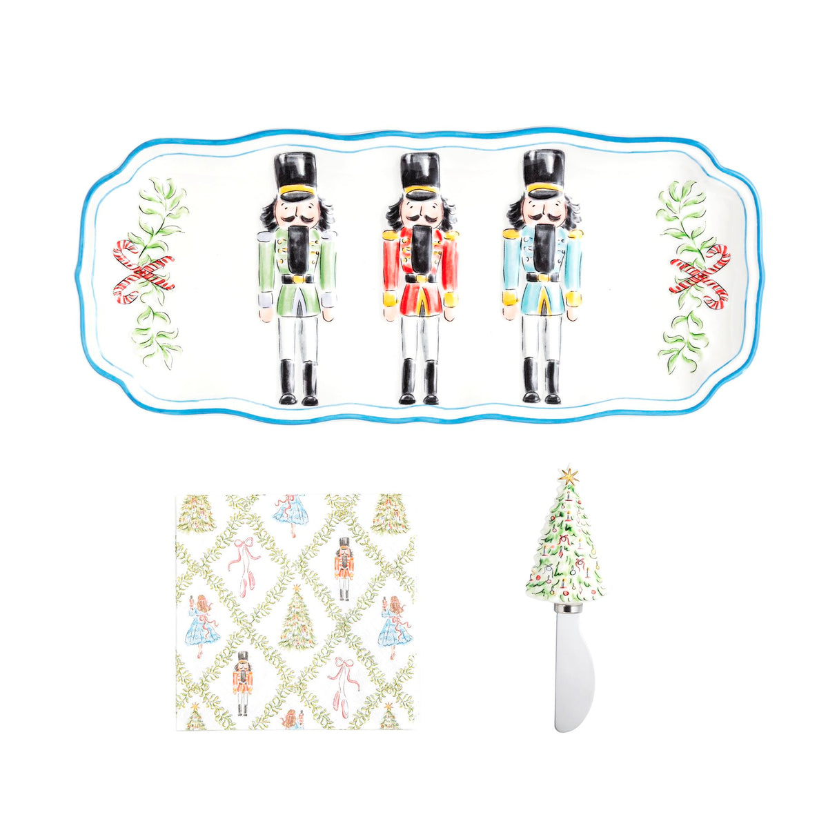 Mud Pie nutcracker hostess set with ceramic tray, printed napkins and tree spreader