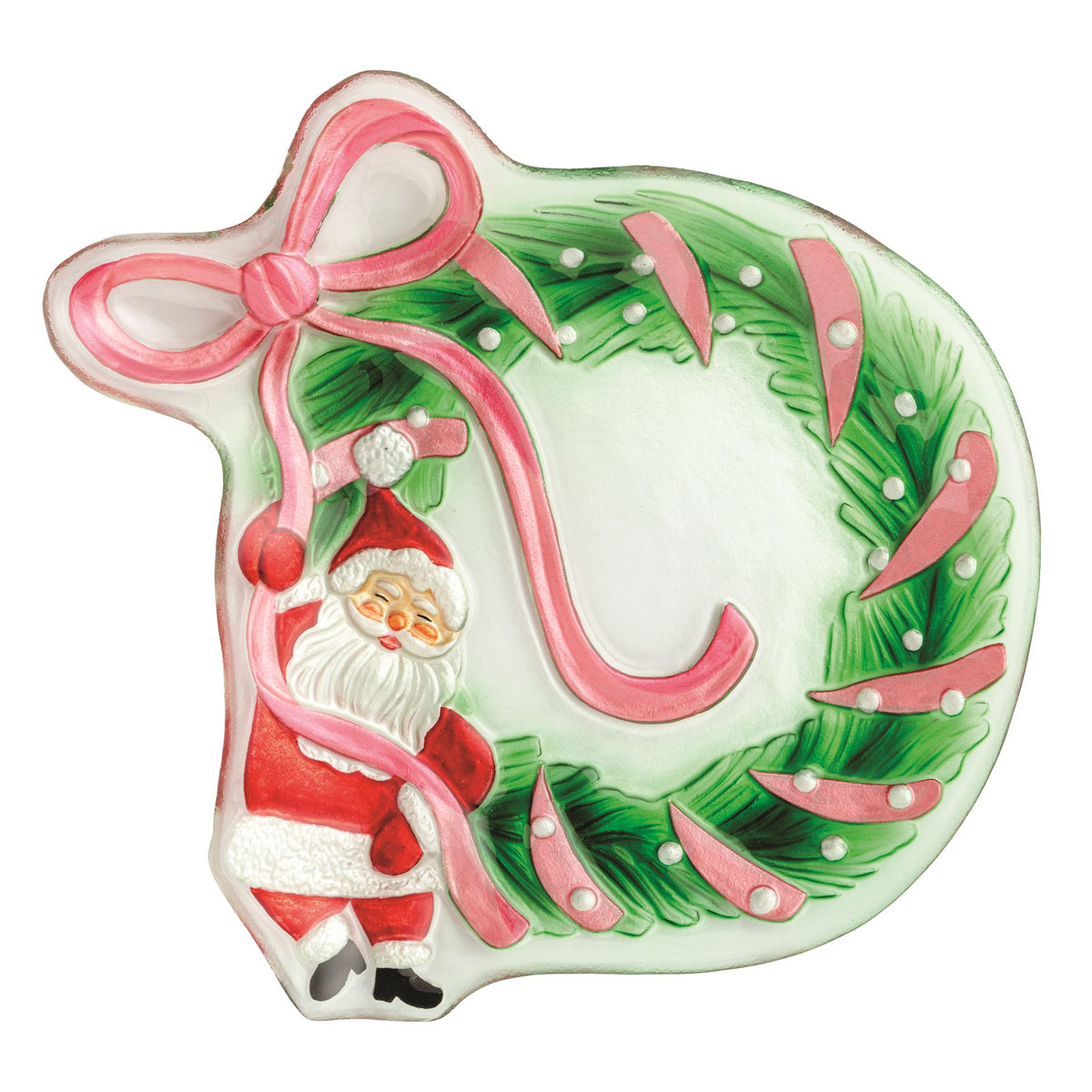 Mud Pie wreath-shaped ceramic platter with pink bow and sculpted Santa