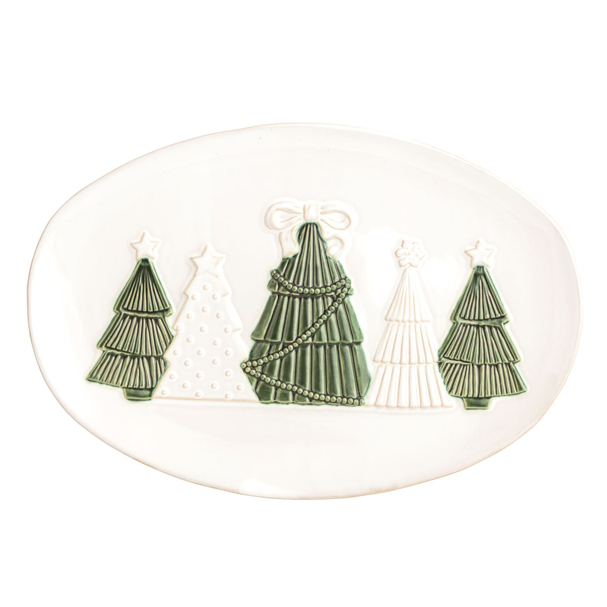 Mud Pie cream oval ceramic platter with five sculpted Christmas trees