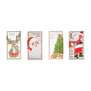Set of four Christmas-themed cards featuring Santa Claus, reindeer, and a Christmas tree on a white background.