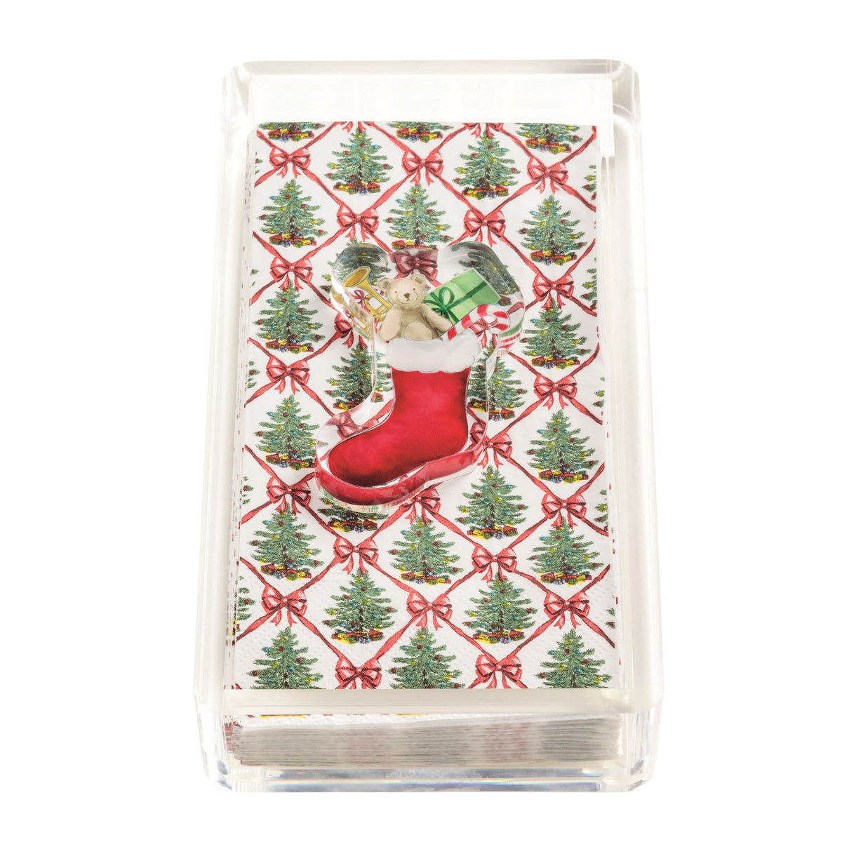 Mud Pie Christmas tree and stocking paper guest towels in a clear acrylic caddy
