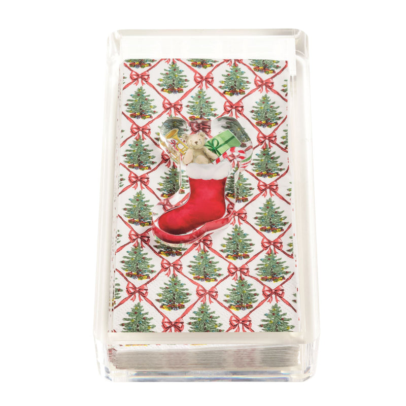 Mud Pie Christmas tree and stocking paper guest towels in a clear acrylic caddy