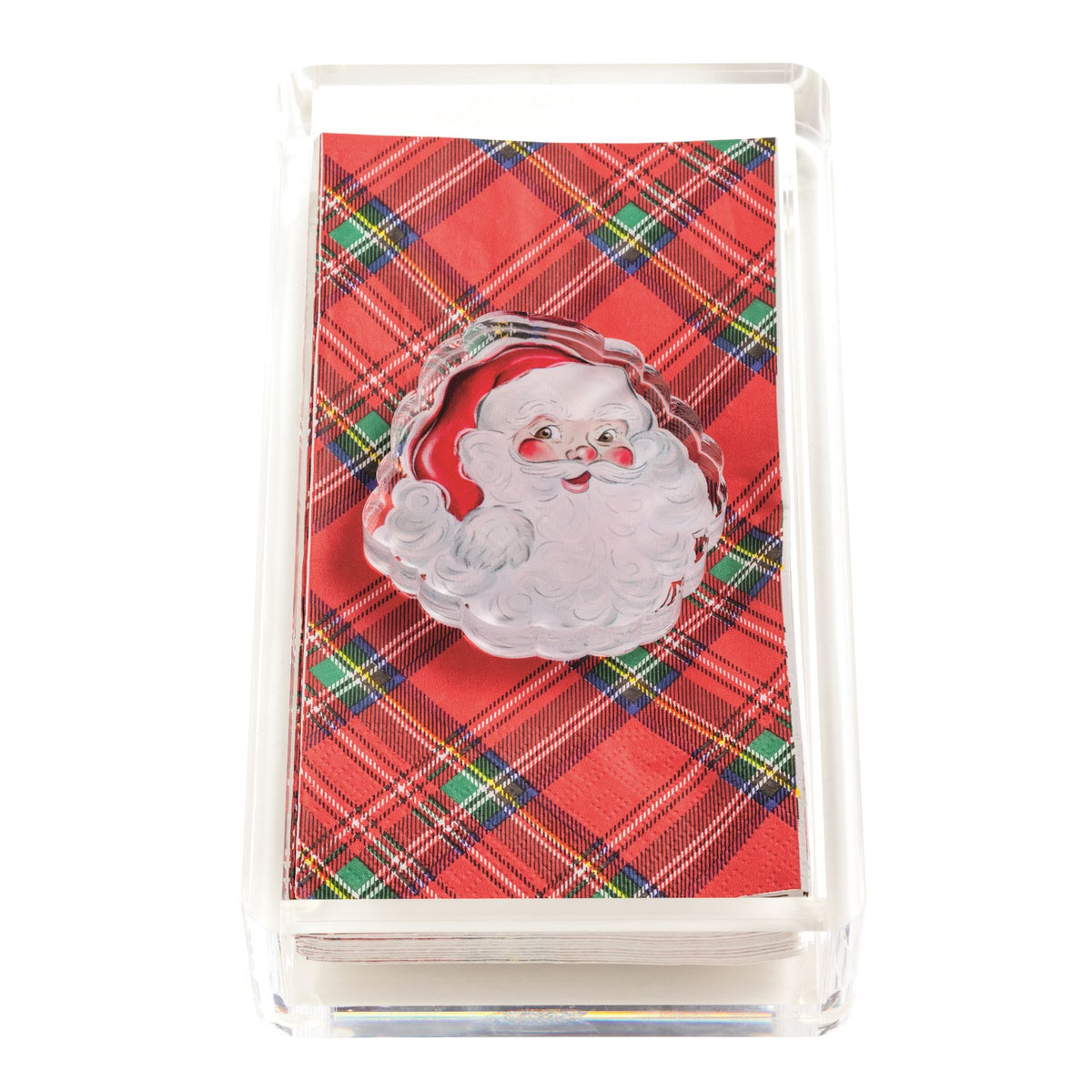 Mud Pie Santa tartan paper guest towels in a clear acrylic caddy