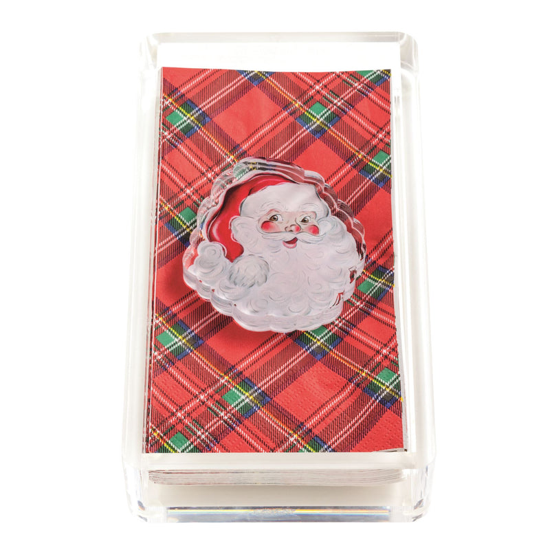 Mud Pie Santa tartan paper guest towels in a clear acrylic caddy