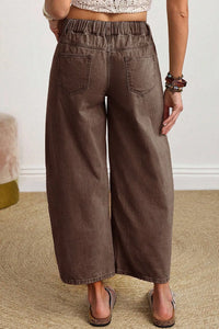 Miranda - Coffee Solid Color Square Patch Pocket Ankle-length Barrel Jeans