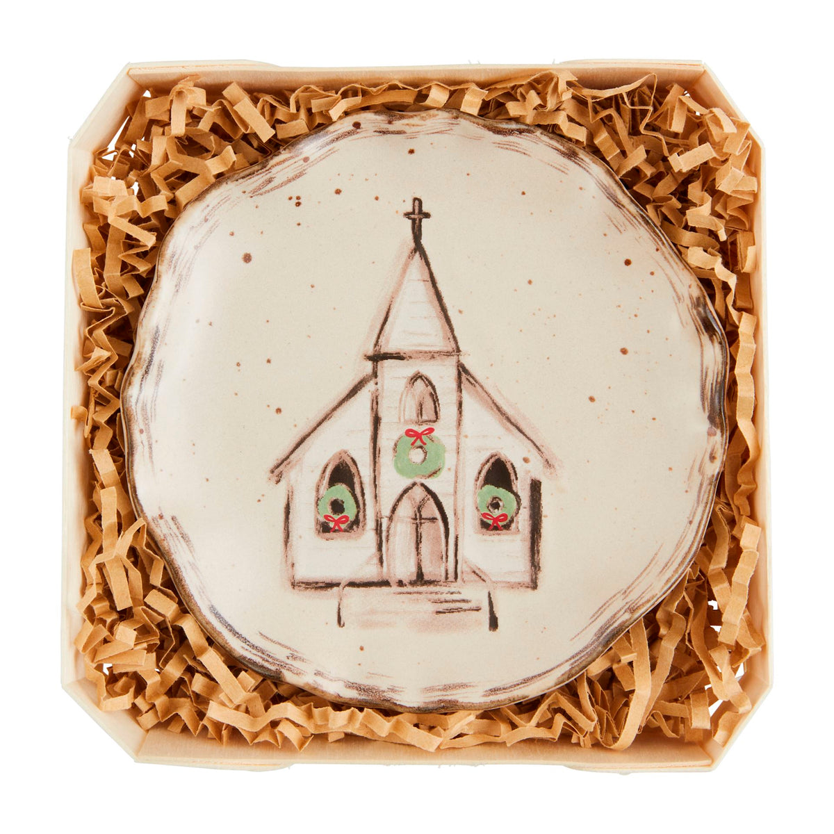 Mud Pie church stoneware trinket dish in wooden crate with kraft shreds