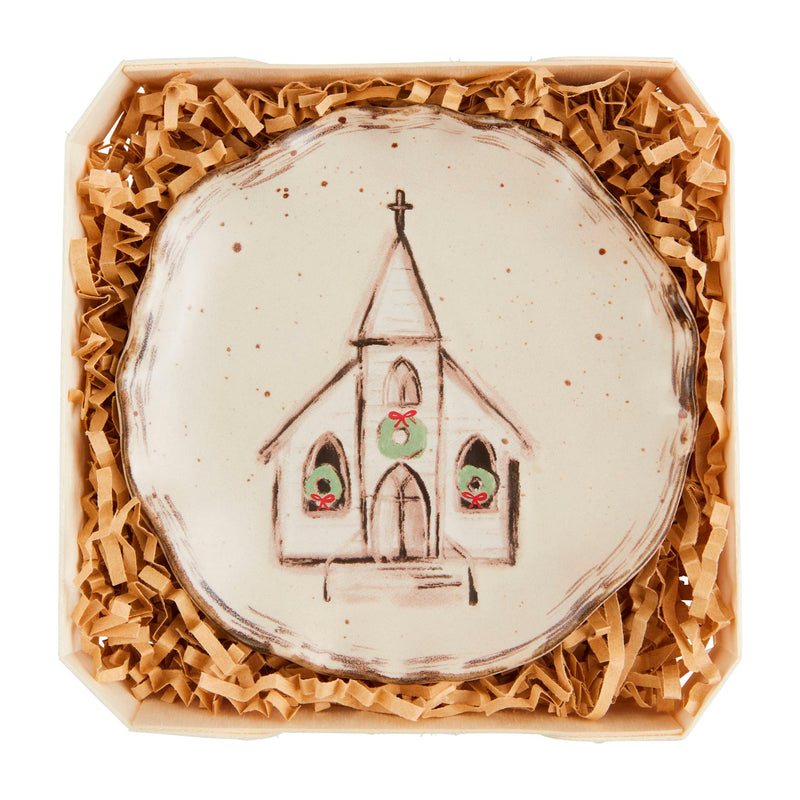 Mud Pie church stoneware trinket dish in wooden crate with kraft shreds