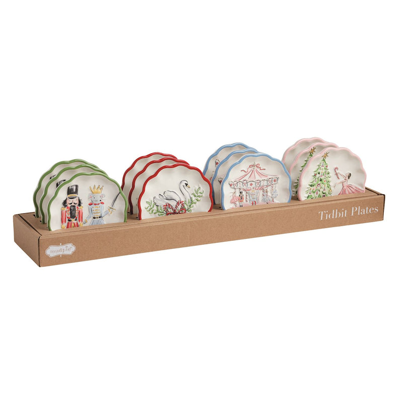 Mud Pie winter wonderland scalloped ceramic tidbit plates in kraft counter displayer