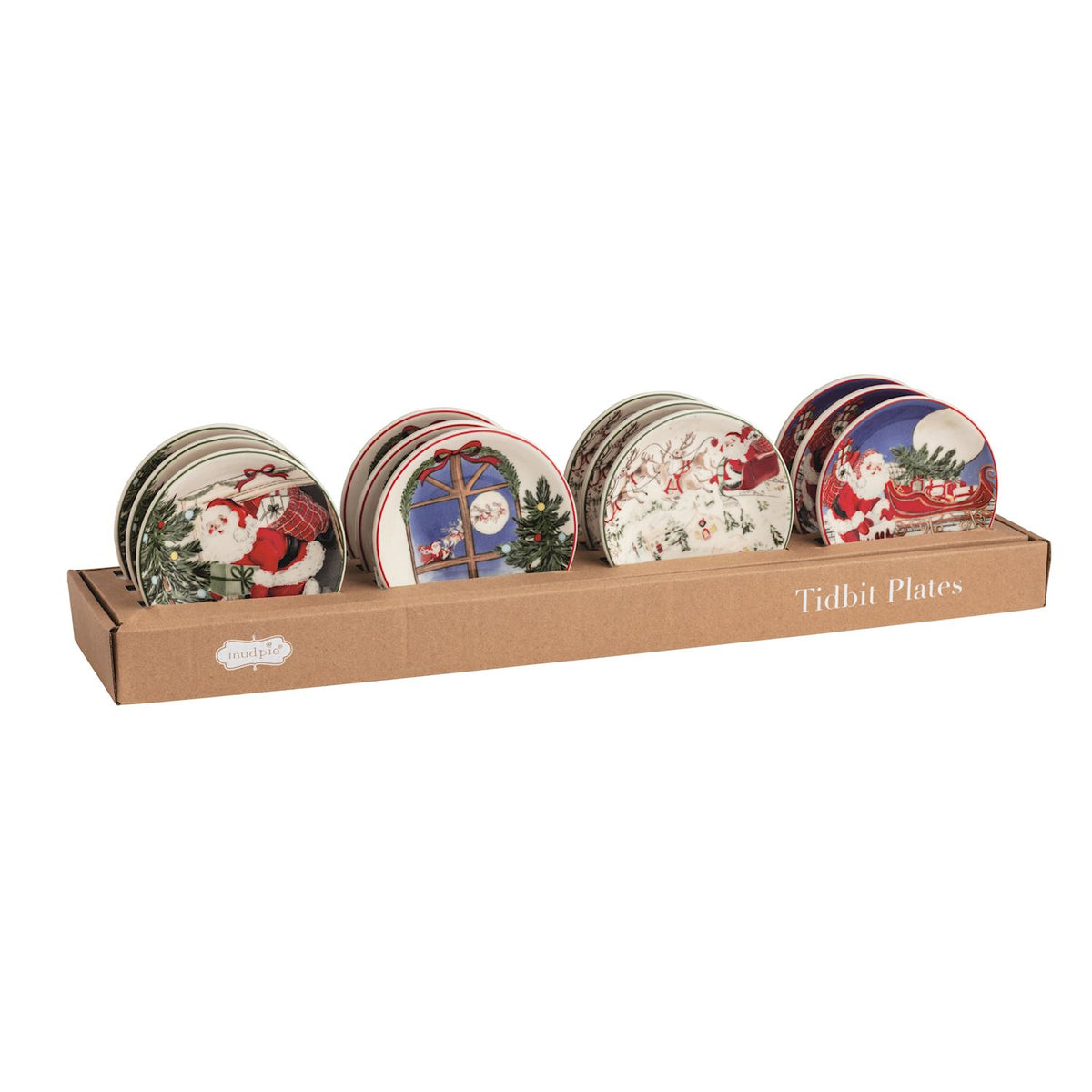 Mud Pie Santa scene scalloped ceramic tidbit plates in kraft counter displayer