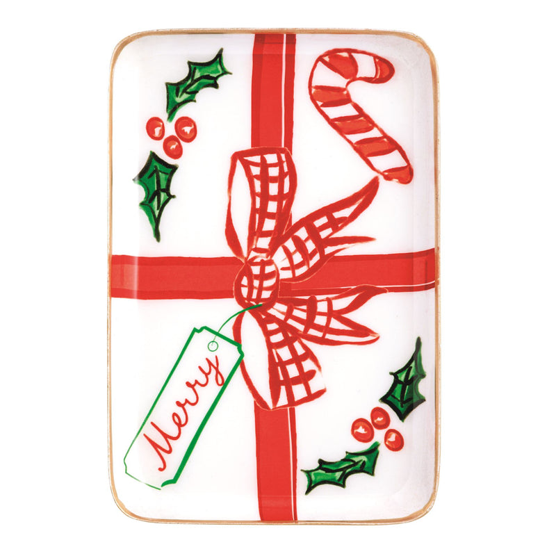 Mud Pie wrapped present design enamel coated metal tidbit plate with gingham bow