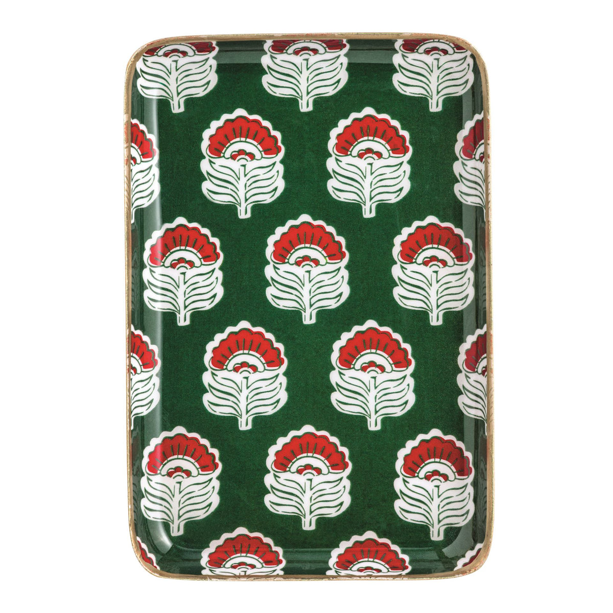 Mud Pie green floral block print enamel coated metal tidbit plate with gold rim