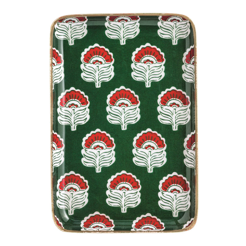 Mud Pie green floral block print enamel coated metal tidbit plate with gold rim