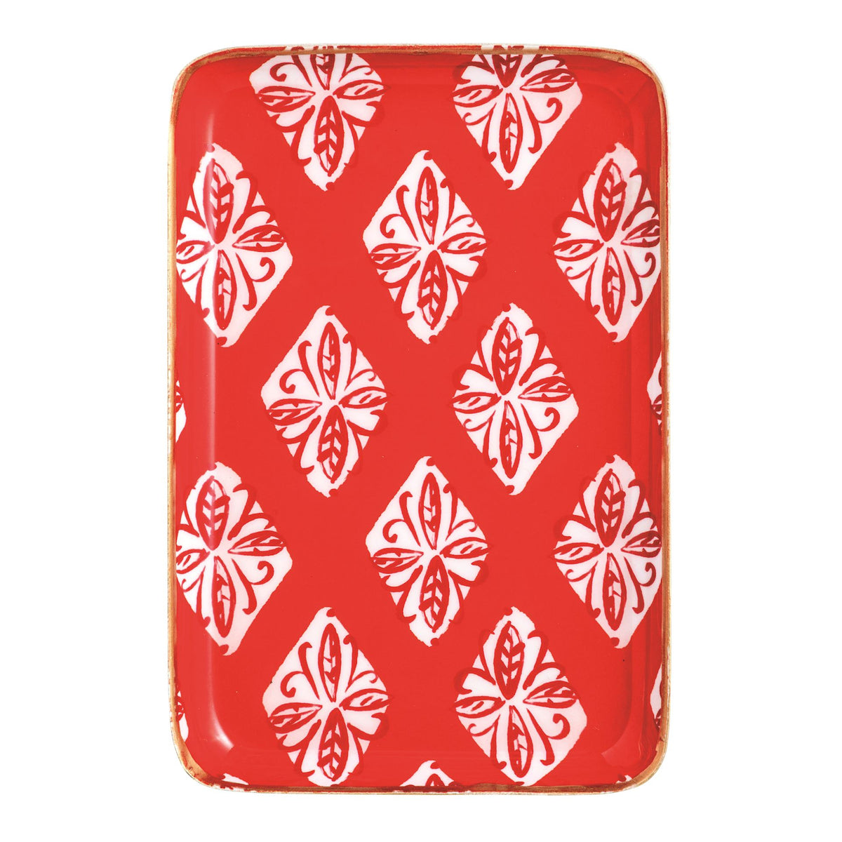 Mud Pie red block print enamel coated metal tidbit plate with gold rim