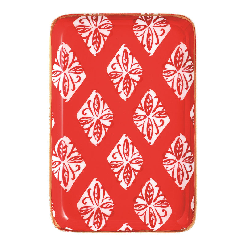 Mud Pie red block print enamel coated metal tidbit plate with gold rim