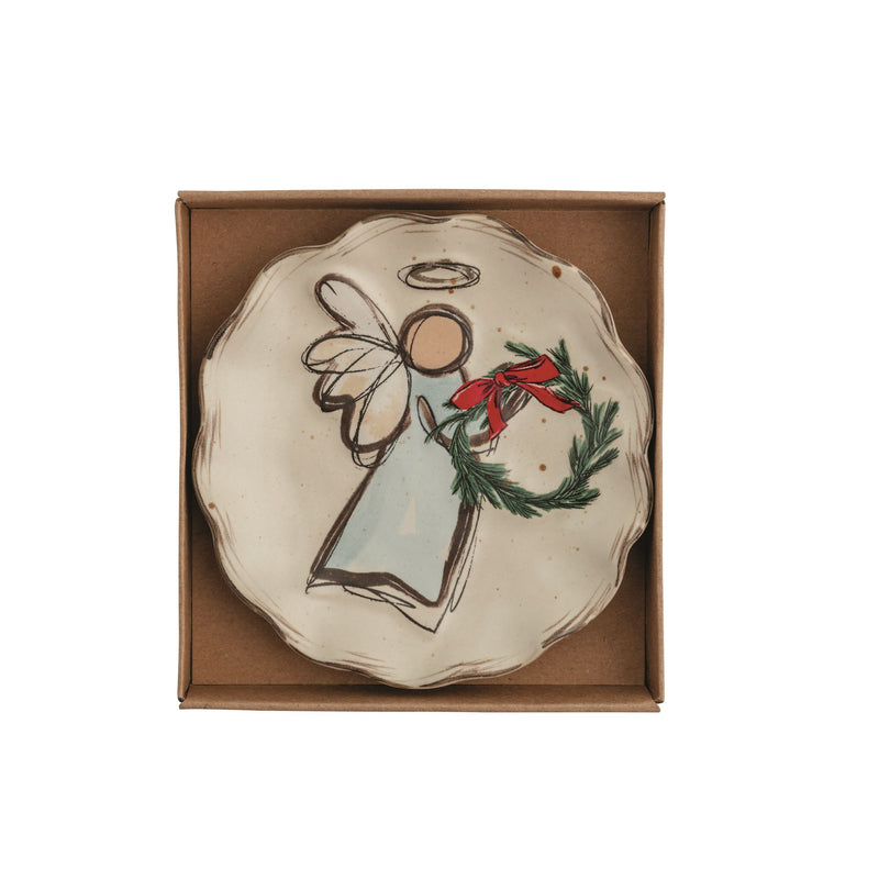 Mud Pie scalloped stoneware angel tidbit plate with gold halo in kraft gift box