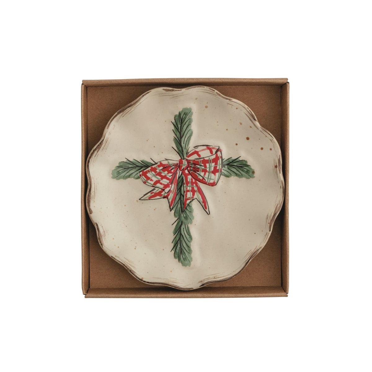 Mud Pie scalloped stoneware cross tidbit plate with red ribbon in kraft gift box