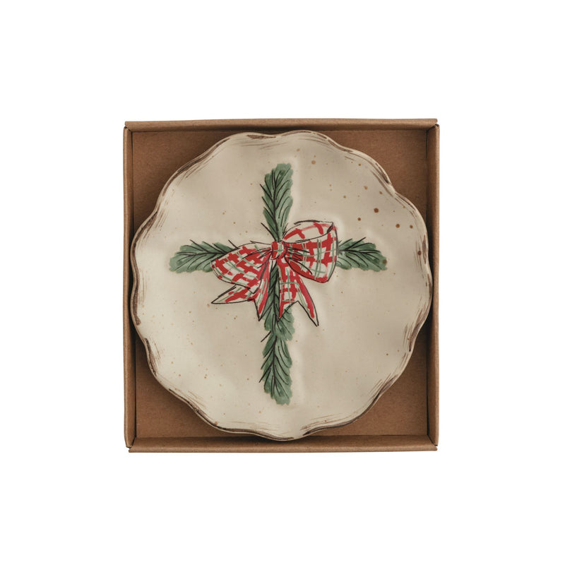 Mud Pie scalloped stoneware cross tidbit plate with red ribbon in kraft gift box