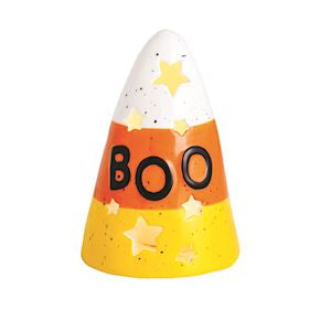 Halloween-themed candy corn with 'BOO' text on a white background