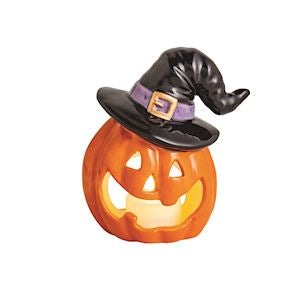 Halloween-themed jack-o'-lantern with a witch's hat on a white background