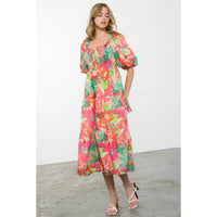 Massey - Puff Sleeve Floral Print Midi Dress