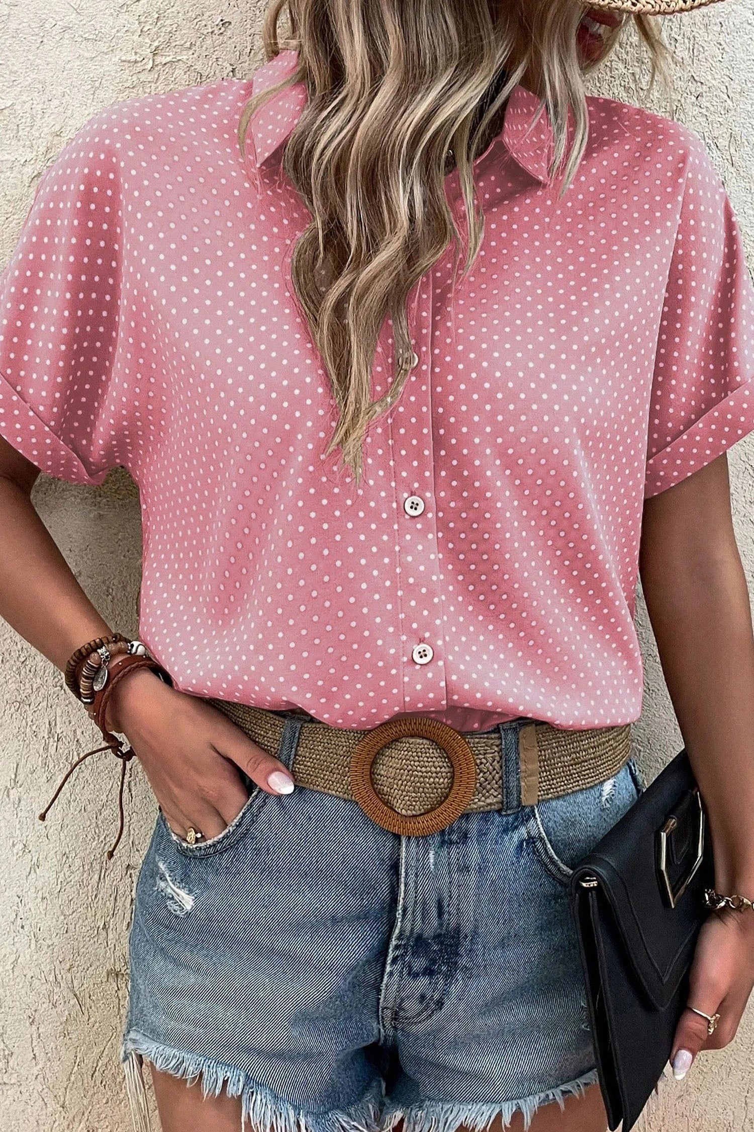 Emy - Dotted Print Cuffed Short Sleeve Shirt