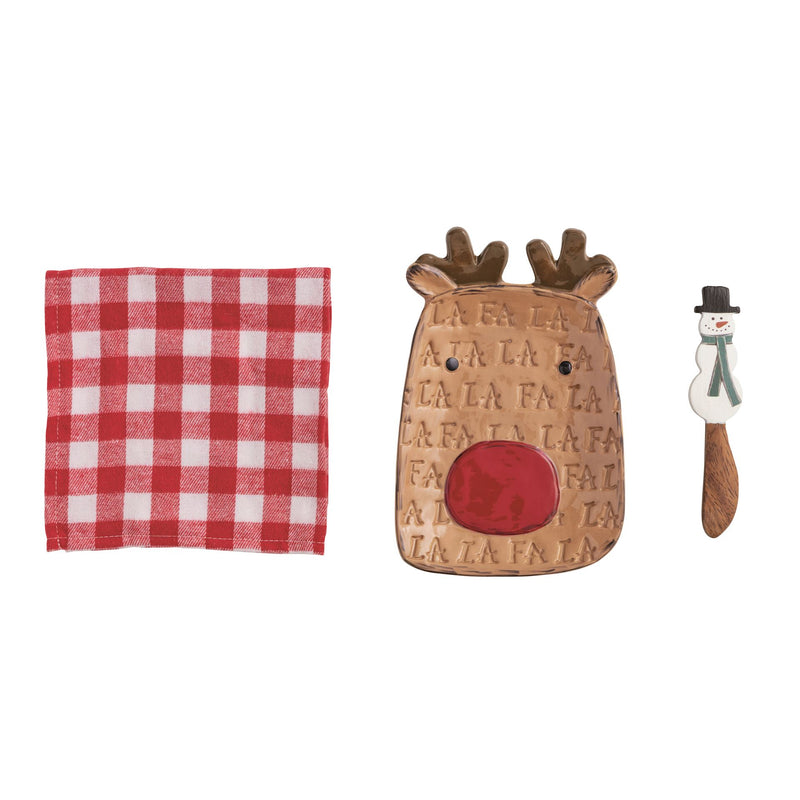 Mud Pie reindeer stoneware tray with FA LA LA pattern, red gingham napkin and snowman spreader