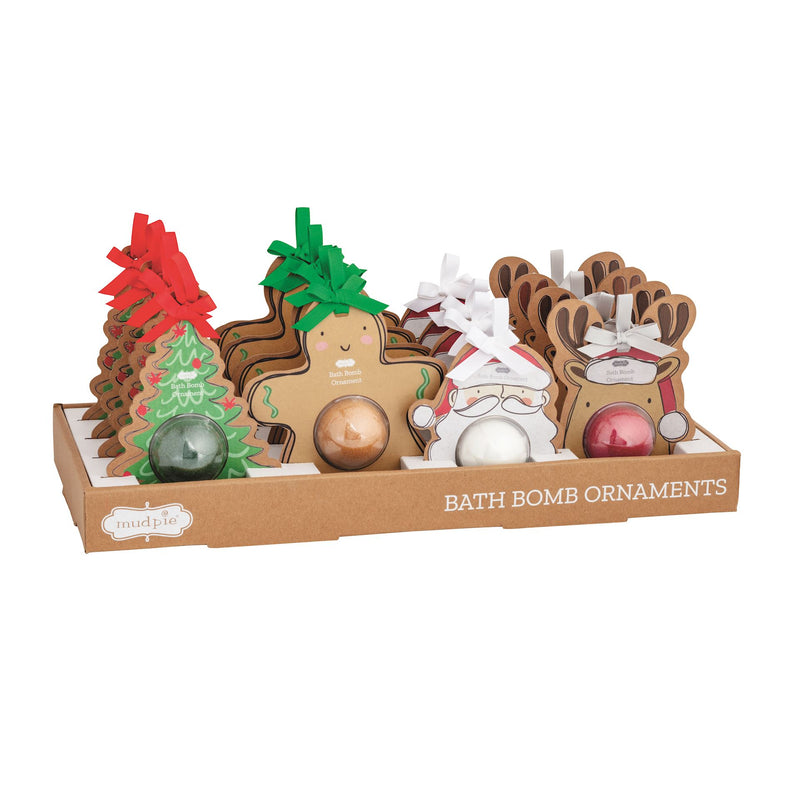 Mud Pie Christmas ornament shaped bath bombs in kraft counter displayer