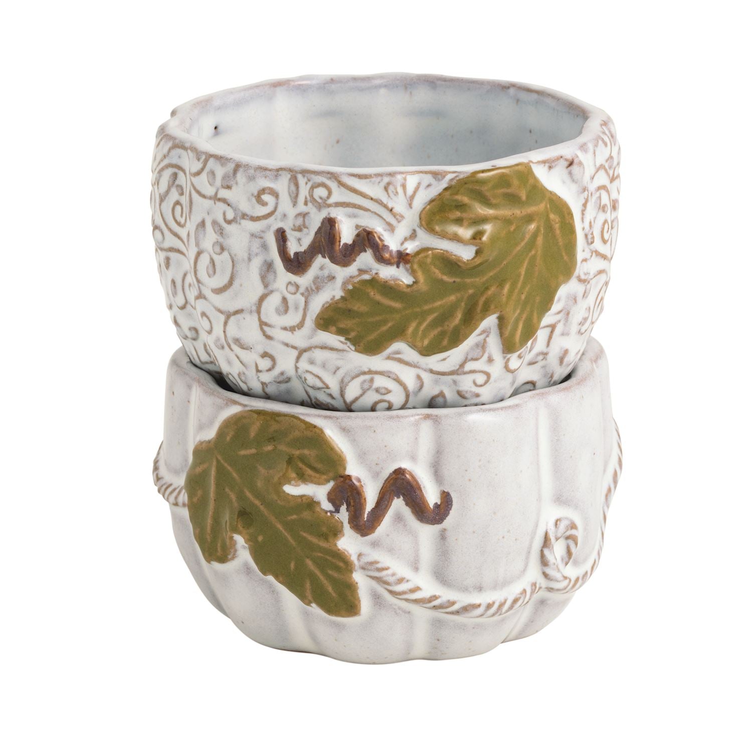 White Pumpkin Vine Tidbit Set – Two Hand-Painted Stoneware Dishes