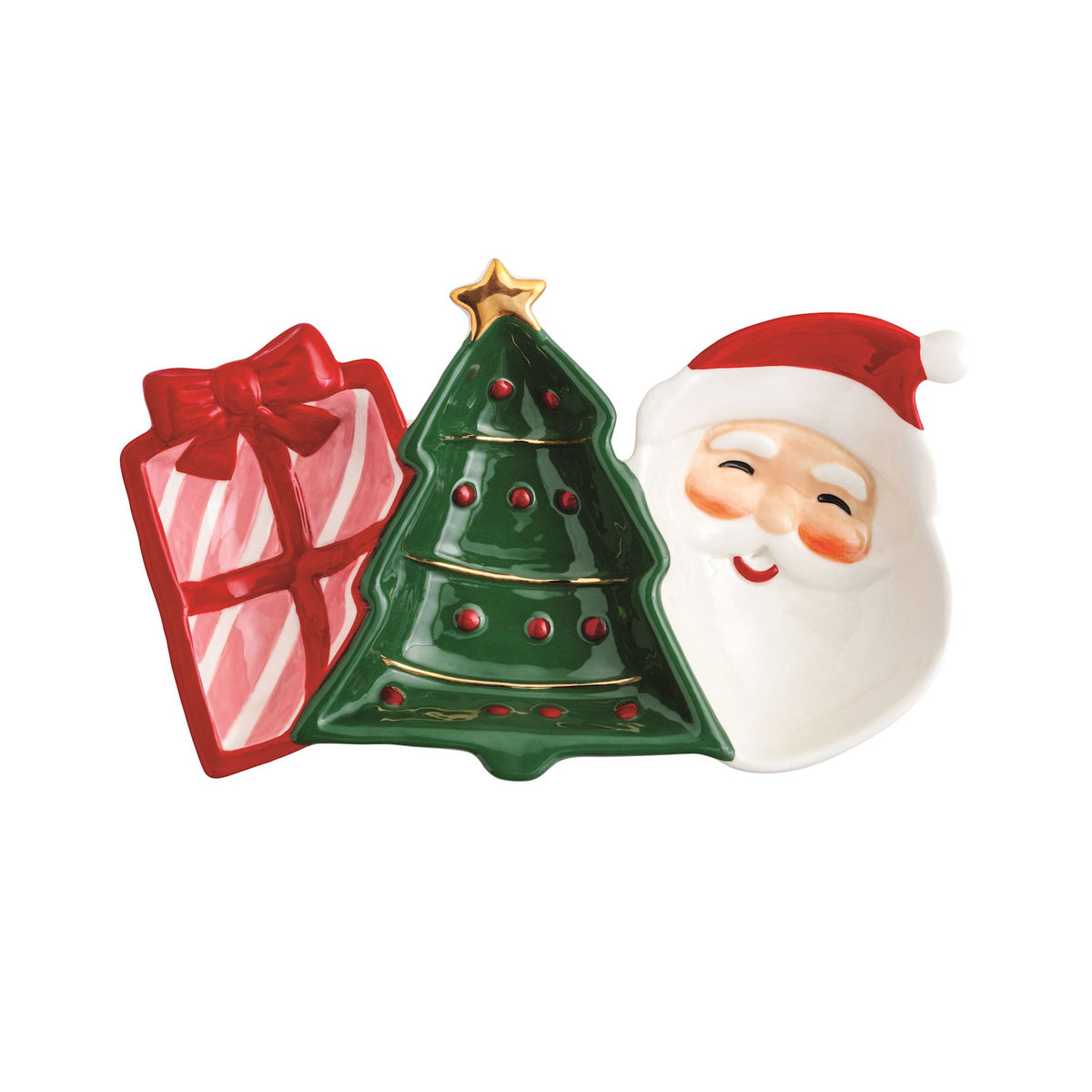 Mud Pie whimsy Christmas triple tidbit dish with present, tree and Santa sections