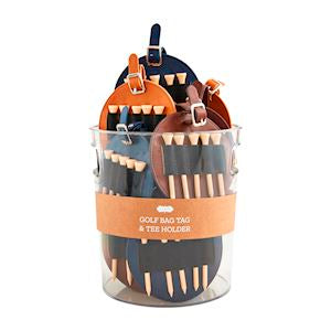 Golf bag tag and tee holder set in clear packaging on a white background