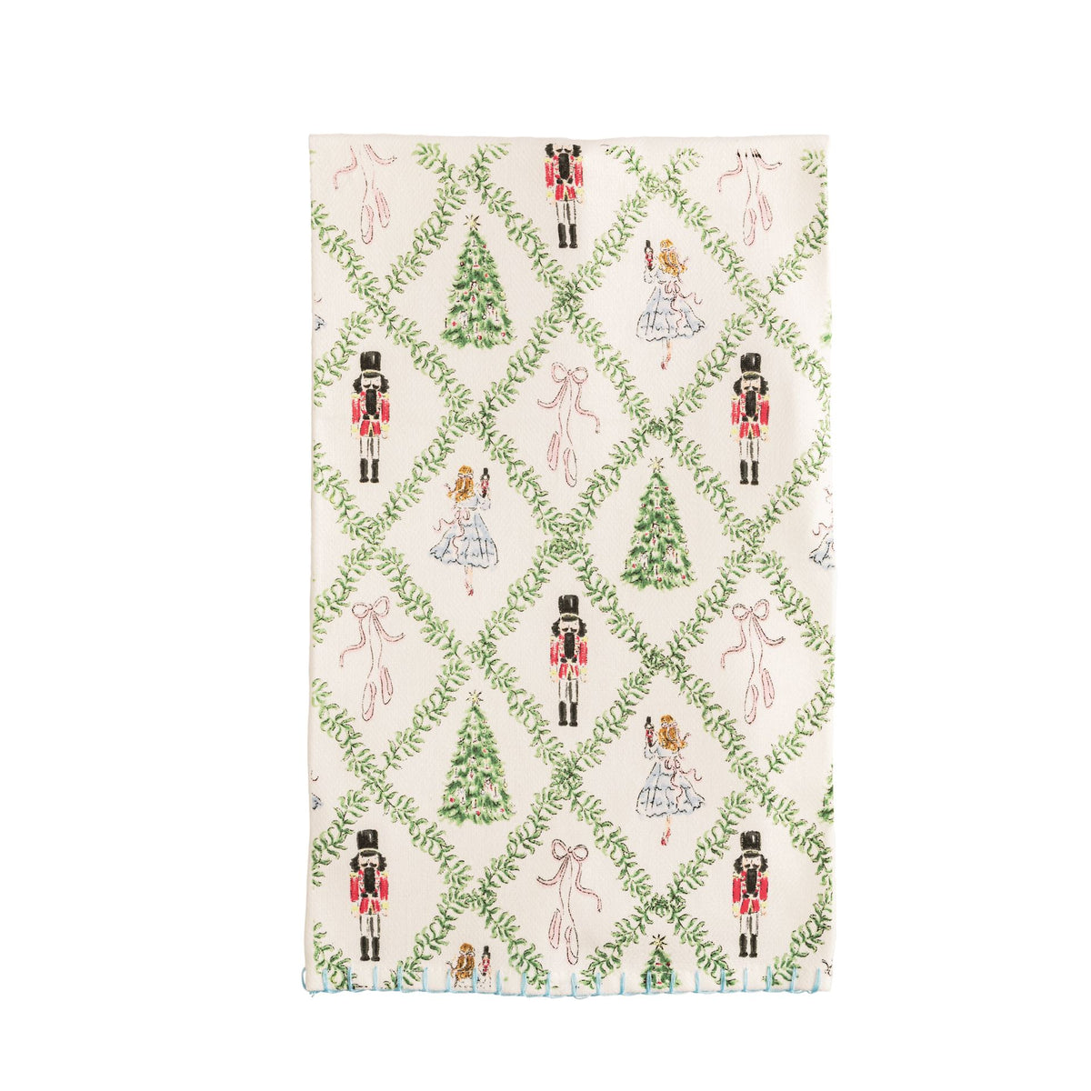 Mud Pie cotton kitchen towel with green lattice nutcracker and ballerina print