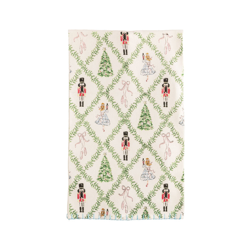Mud Pie cotton kitchen towel with green lattice nutcracker and ballerina print