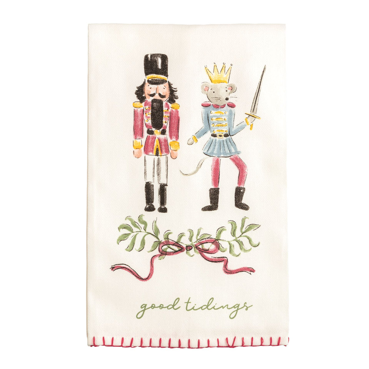 Mud Pie cotton kitchen towel with Nutcracker and Rat King reading Good Tidings
