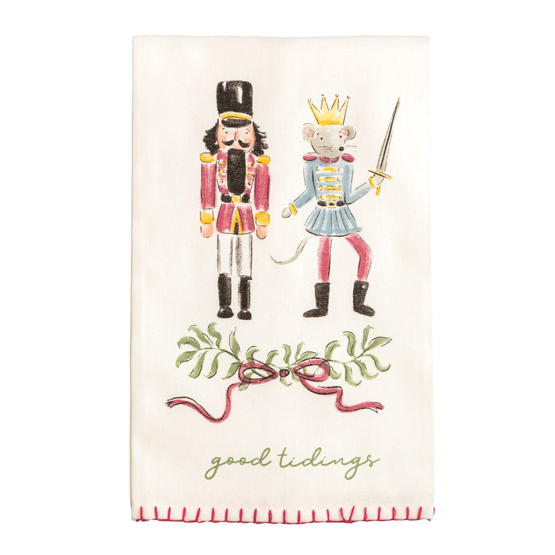 Mud Pie cotton kitchen towel with Nutcracker and Rat King reading Good Tidings