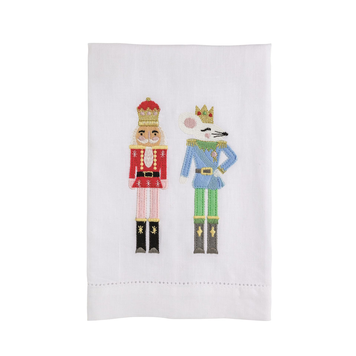 Mud Pie white cotton kitchen towel with two embroidered nutcrackers