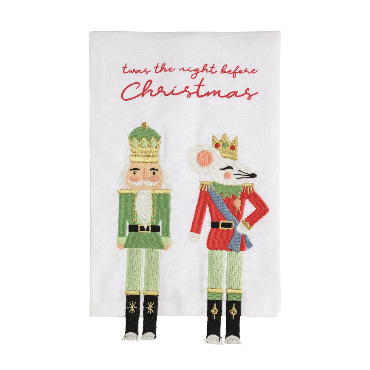 Mud Pie Rat King dangle leg kitchen towel with nutcracker and rat appliques