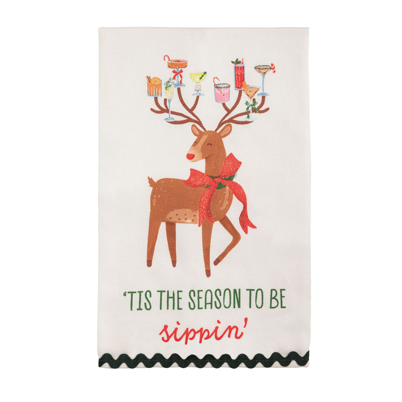 Mud Pie kitchen towel with reindeer holding cocktails in antlers reading Tis The Season To Be Sippin